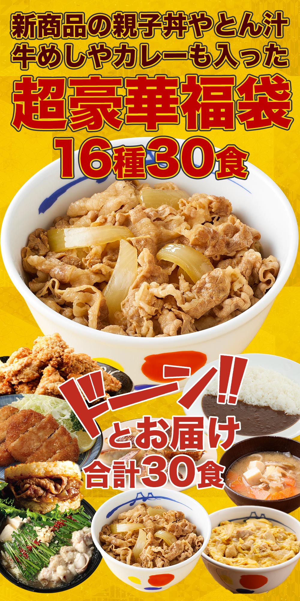 10/11販売開始【衝撃の64%OFF！驚愕の1食210円！単品合計価格17,680円→6,290円！】 福袋 2025 2025年 新春 新春福袋 松屋 渾身の懸賞付き新春グルメ福袋16種30食